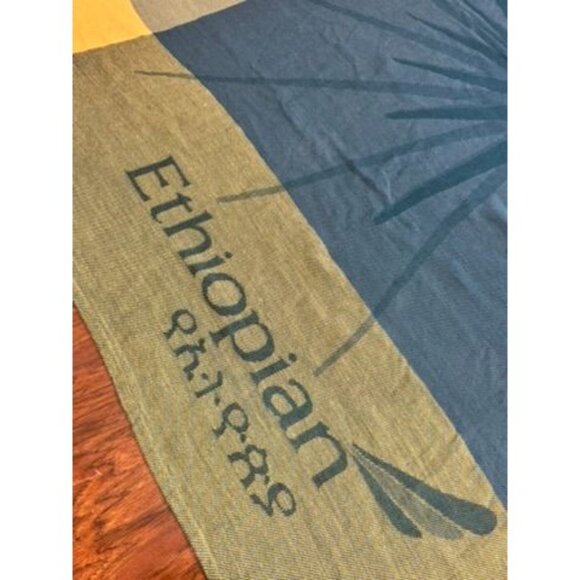 Vintage Ethiopian Airlines In-Flight Plane Blanket Throw Blue Yellow 59" x 43" - Picture 2 of 6